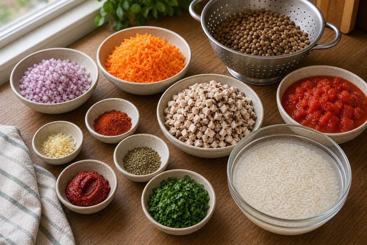 Smoky Lentil Mushroom Tomato Rice cooking step 1: Prep the vegetables.