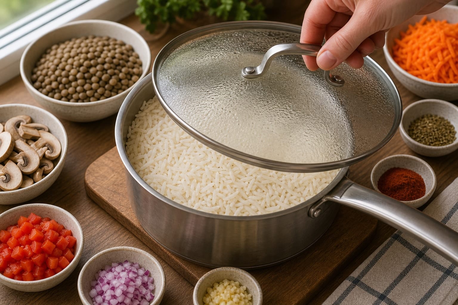 Smoky Lentil Mushroom Tomato Rice cooking step 2: Cook the rice.