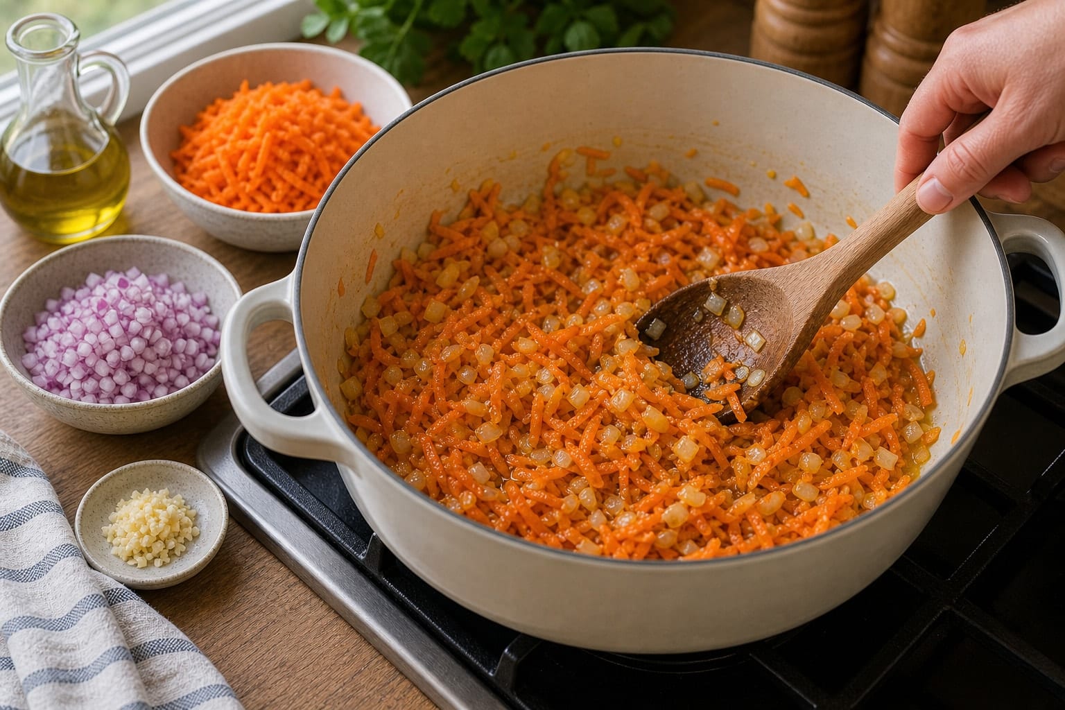 Smoky Lentil Mushroom Tomato Rice cooking step 3: Soften the base.