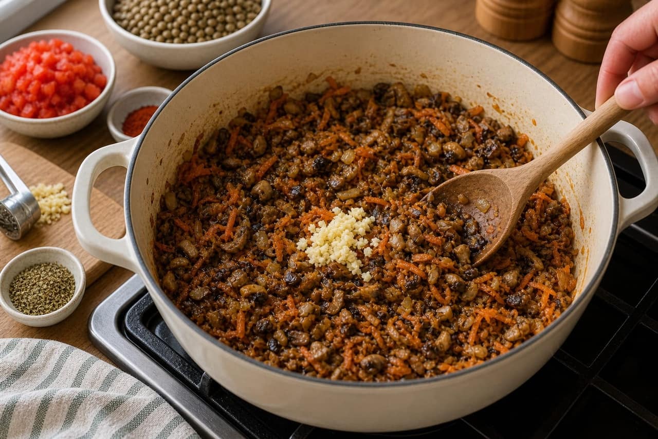 Smoky Lentil Mushroom Tomato Rice cooking step 4: Brown the mushrooms.