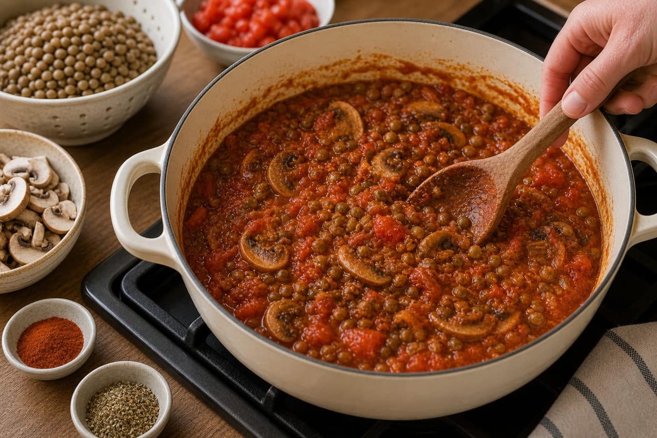 Smoky Lentil Mushroom Tomato Rice cooking step 5: Simmer the sauce.