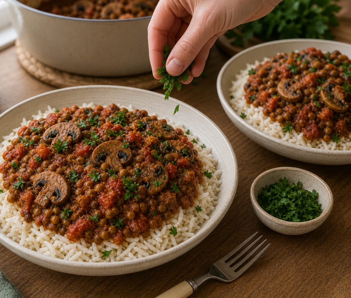 Smoky Lentil Mushroom Tomato Rice cooking step 6: Serve over rice.