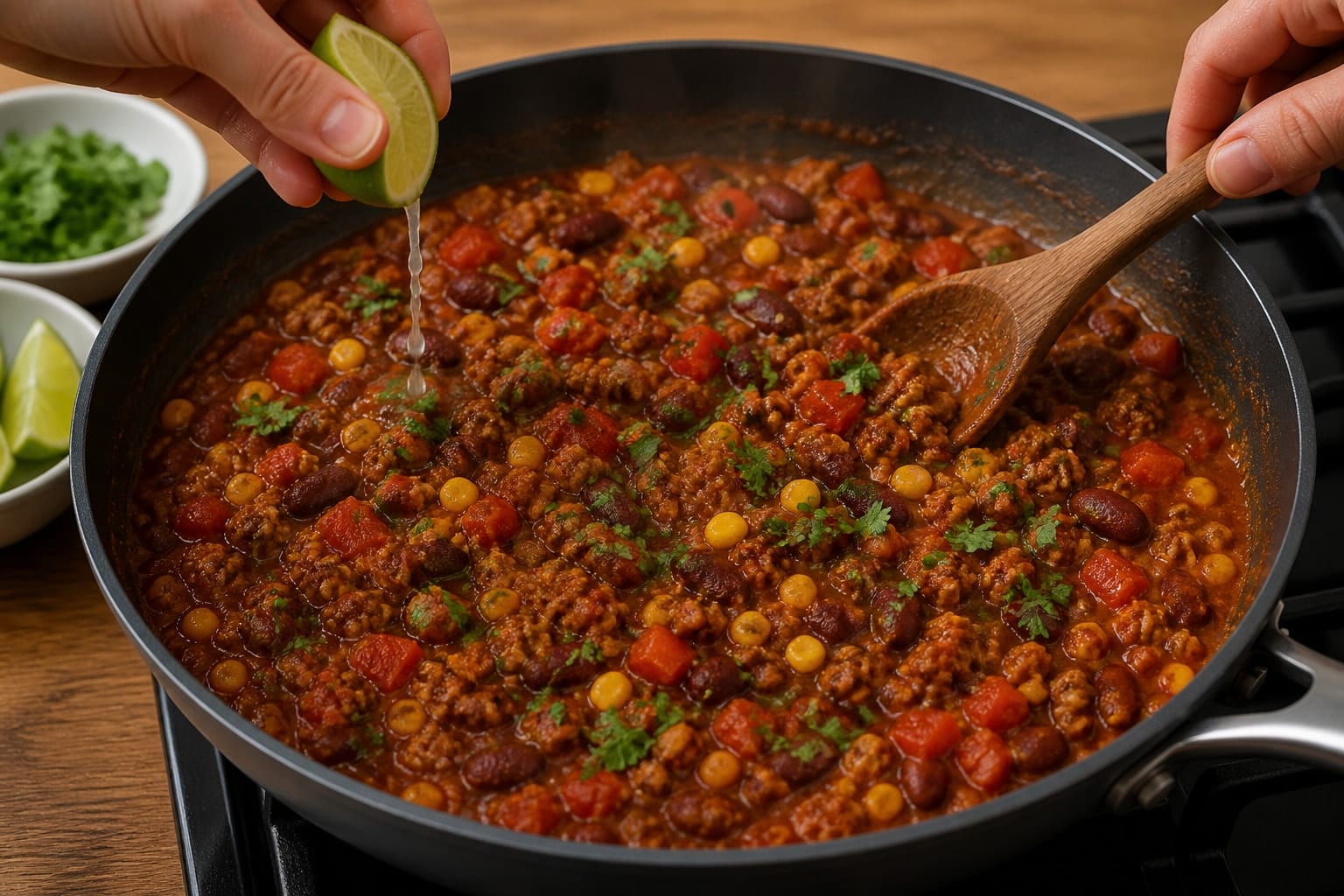 Smoky Turkey Sweetcorn Chilli Rice Bowls with Lime cooking step 4: Add peppers and spices.