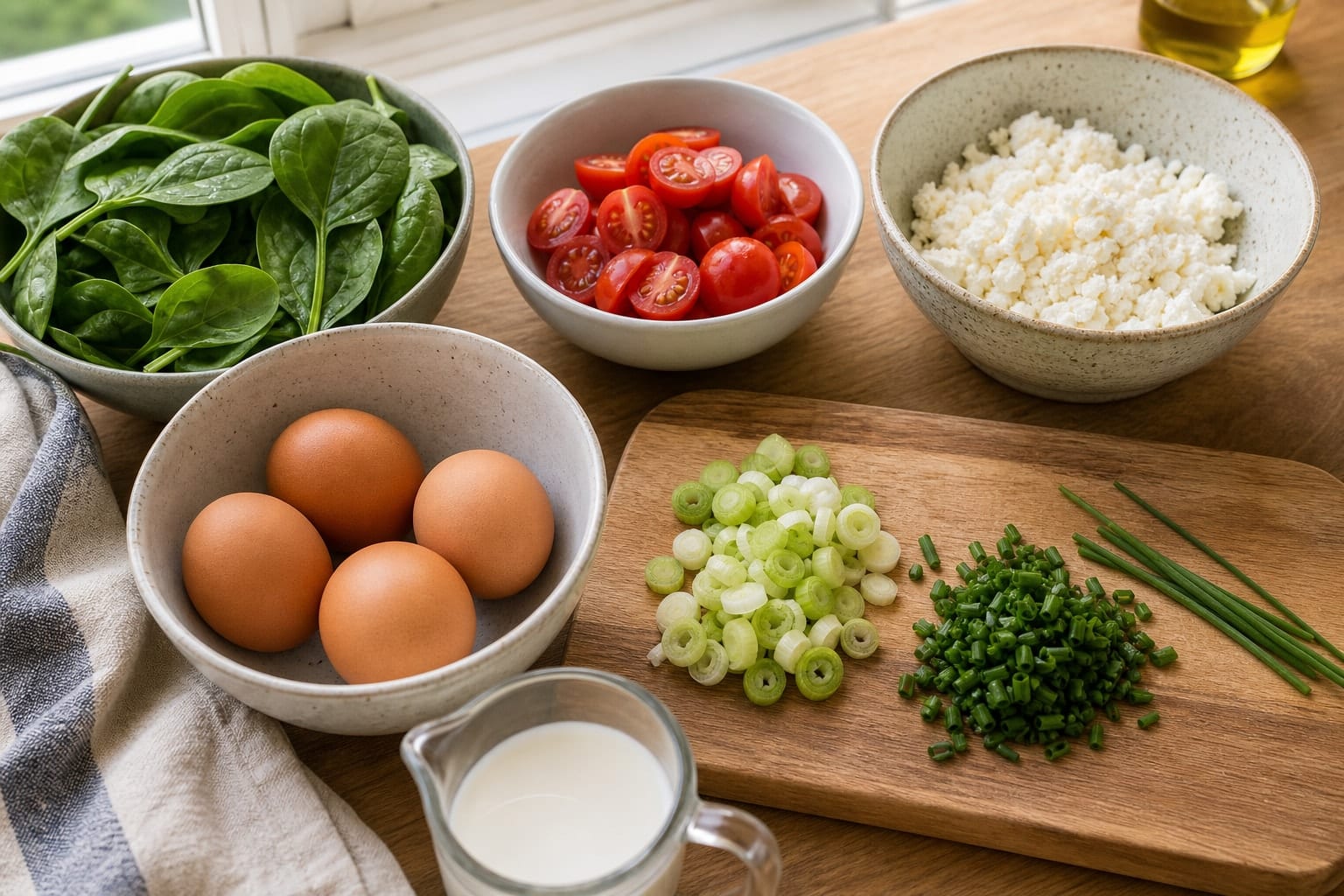 Spinach Tomato Feta Omelette Rolls with Chives cooking step 1: Prep the filling.