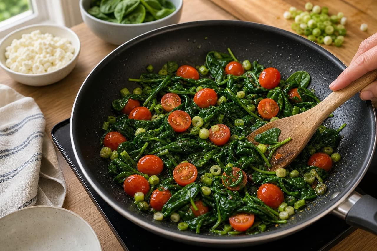 Spinach Tomato Feta Omelette Rolls with Chives cooking step 2: Wilt the vegetables.