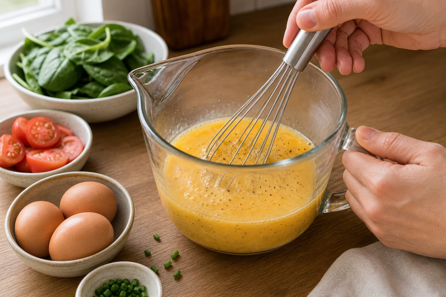 Spinach Tomato Feta Omelette Rolls with Chives cooking step 3: Whisk the eggs.