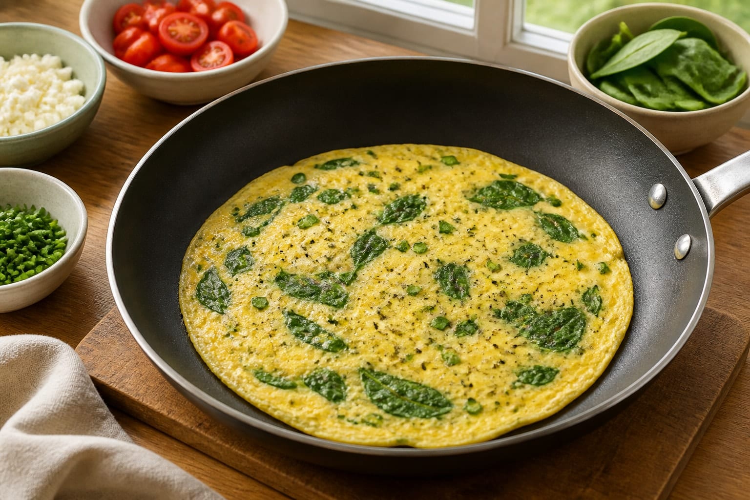 Spinach Tomato Feta Omelette Rolls with Chives cooking step 4: Cook thin omelettes.