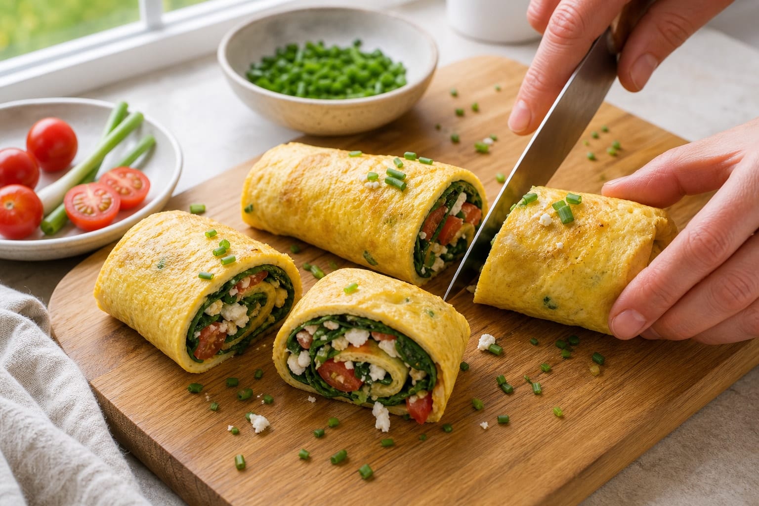 Spinach Tomato Feta Omelette Rolls with Chives cooking step 5: Fill, roll and serve.