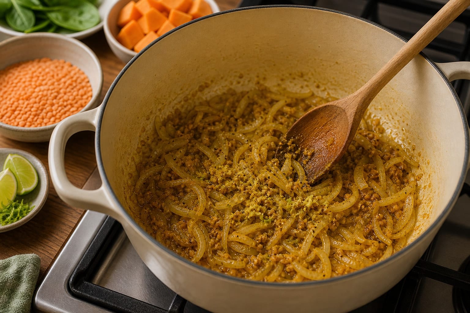 Creamy Sweet Potato Red Lentil Dal with Spinach and Lime cooking step 2: Soften the aromatics.