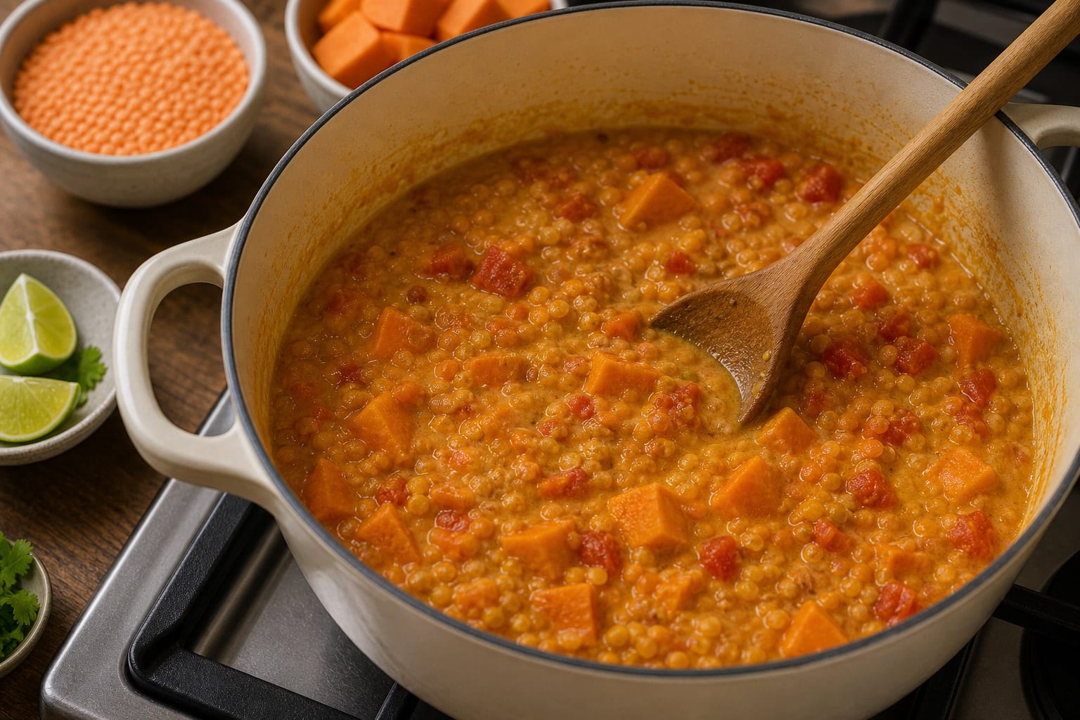 Creamy Sweet Potato Red Lentil Dal with Spinach and Lime cooking step 3: Bloom the spices.