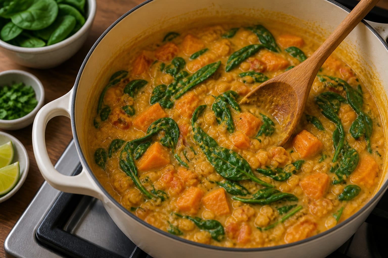 Creamy Sweet Potato Red Lentil Dal with Spinach and Lime cooking step 4: Simmer lentils and sweet potato.