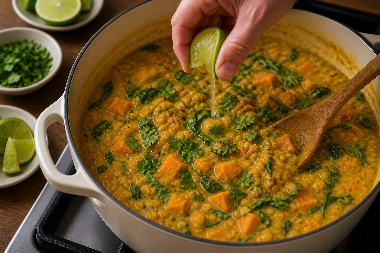 Creamy Sweet Potato Red Lentil Dal with Spinach and Lime cooking step 5: Wilt the spinach.