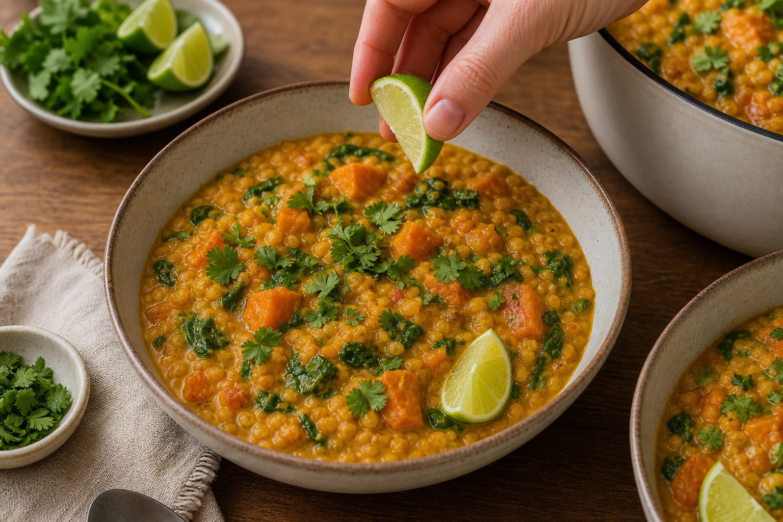 Creamy Sweet Potato Red Lentil Dal with Spinach and Lime cooking step 6: Finish with lime.