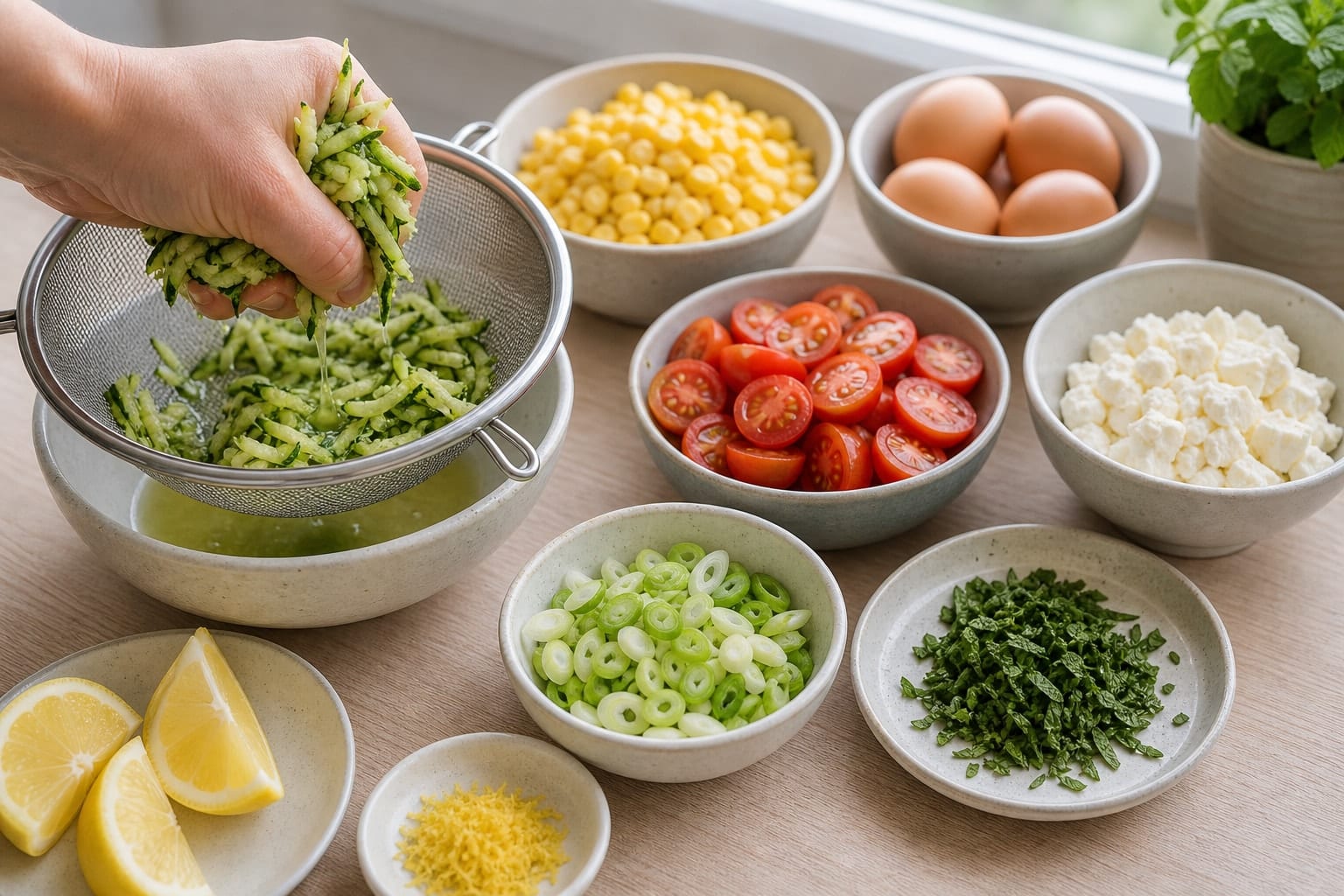 Golden Sweetcorn Courgette Feta Egg Cups with Tomato cooking step 1: Prep the vegetables.