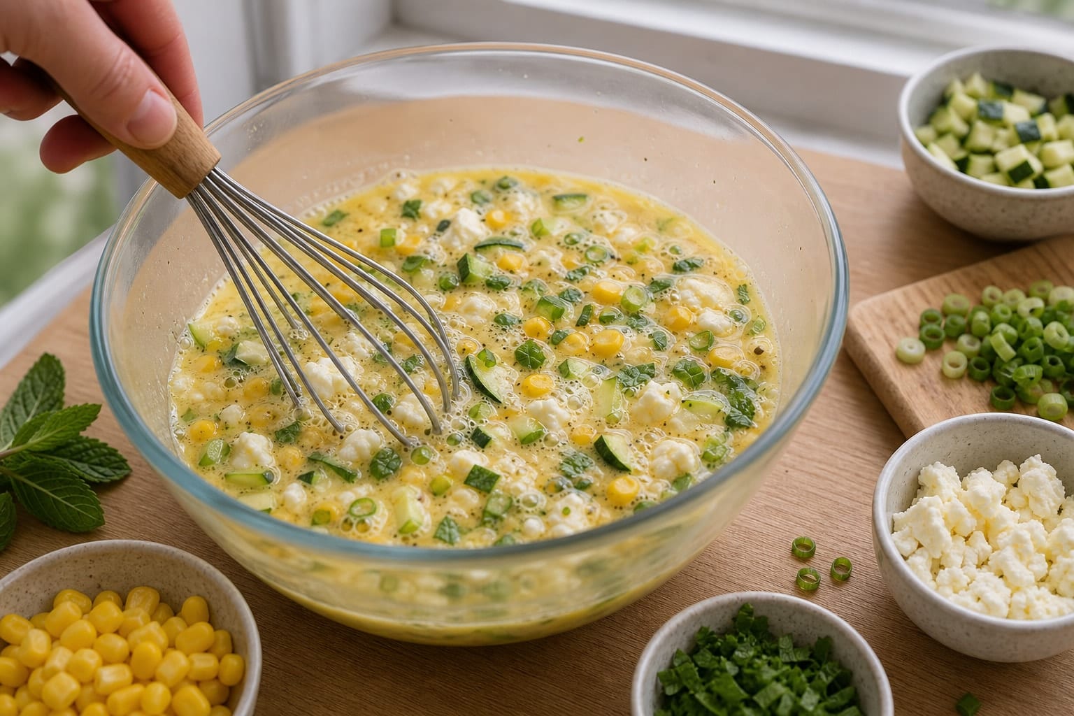 Golden Sweetcorn Courgette Feta Egg Cups with Tomato cooking step 2: Mix the eggs.