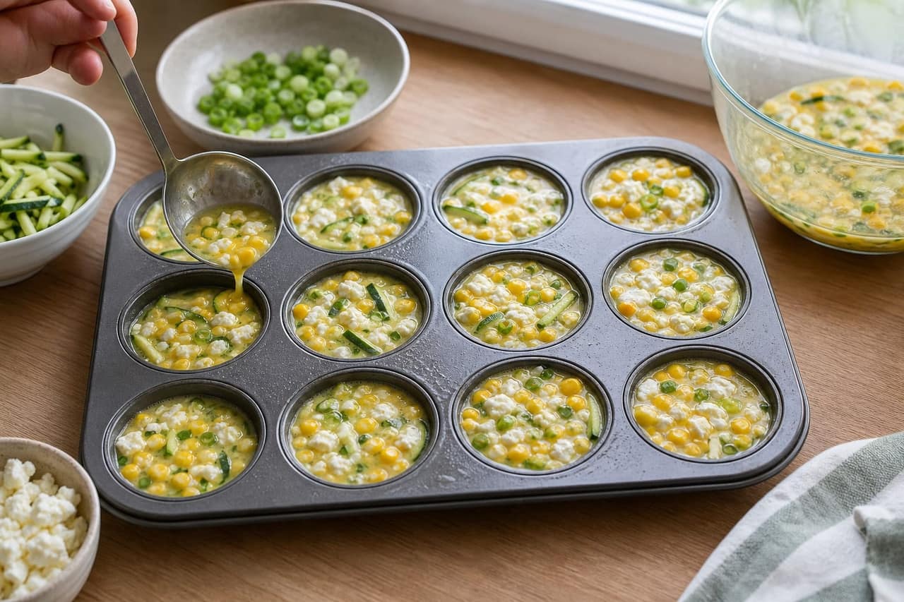 Golden Sweetcorn Courgette Feta Egg Cups with Tomato cooking step 3: Fill the tin.