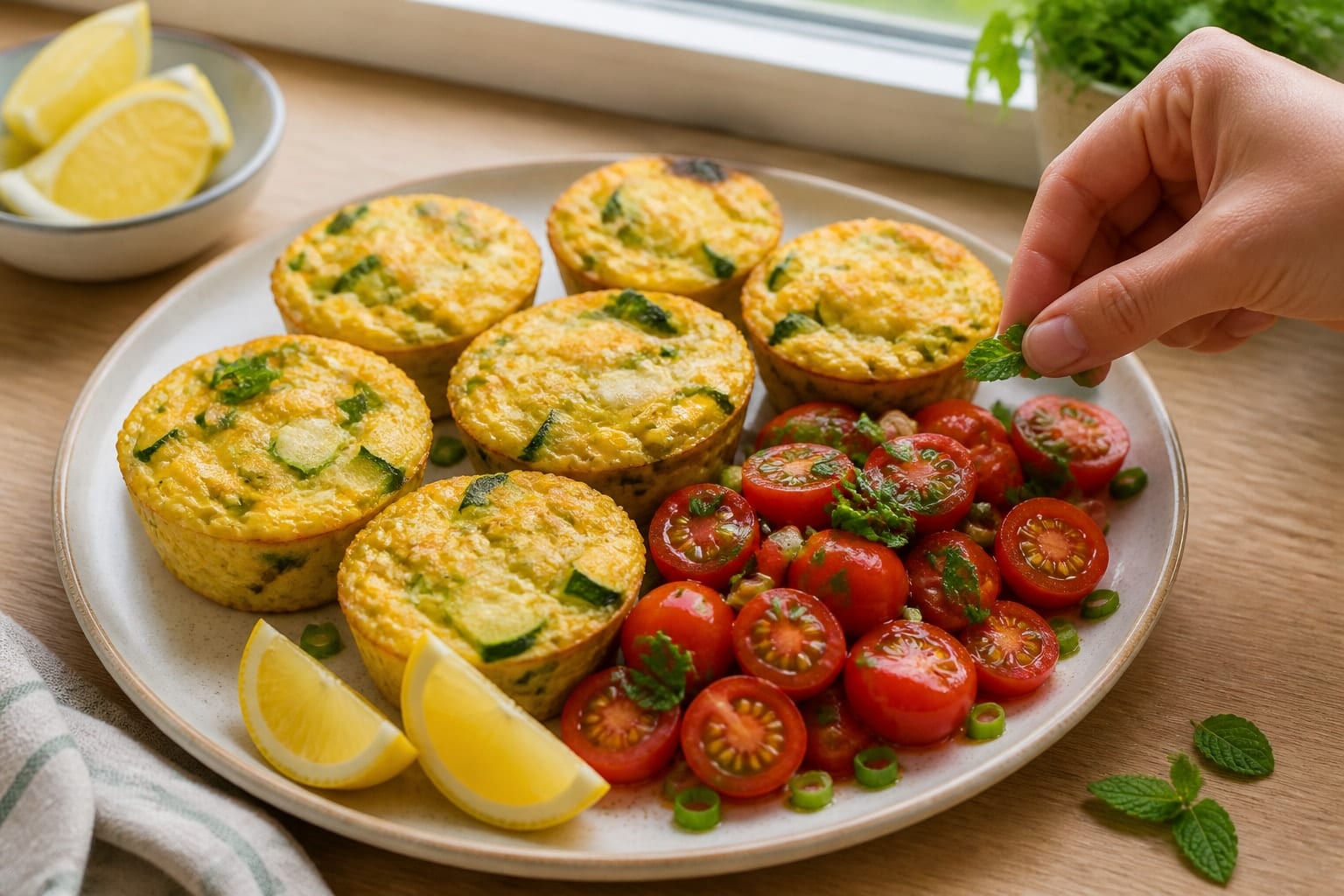 Golden Sweetcorn Courgette Feta Egg Cups with Tomato cooking step 5: Dress the tomatoes.