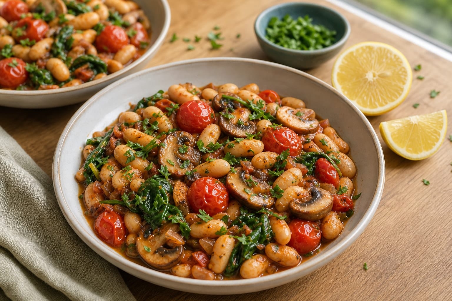 Tomato Mushroom Breakfast Beans plated and ready to serve.