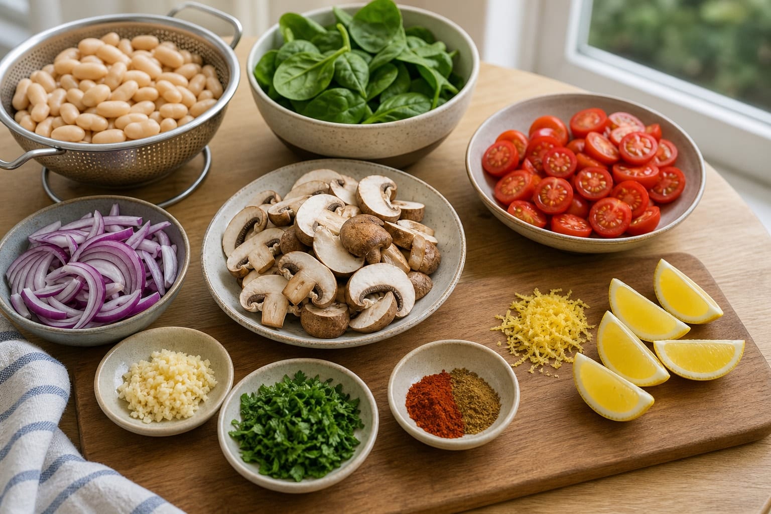 Tomato Mushroom Breakfast Beans cooking step 1: Prep the vegetables.
