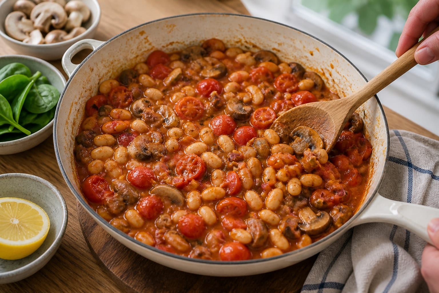 Tomato Mushroom Breakfast Beans cooking step 4: Simmer the beans.