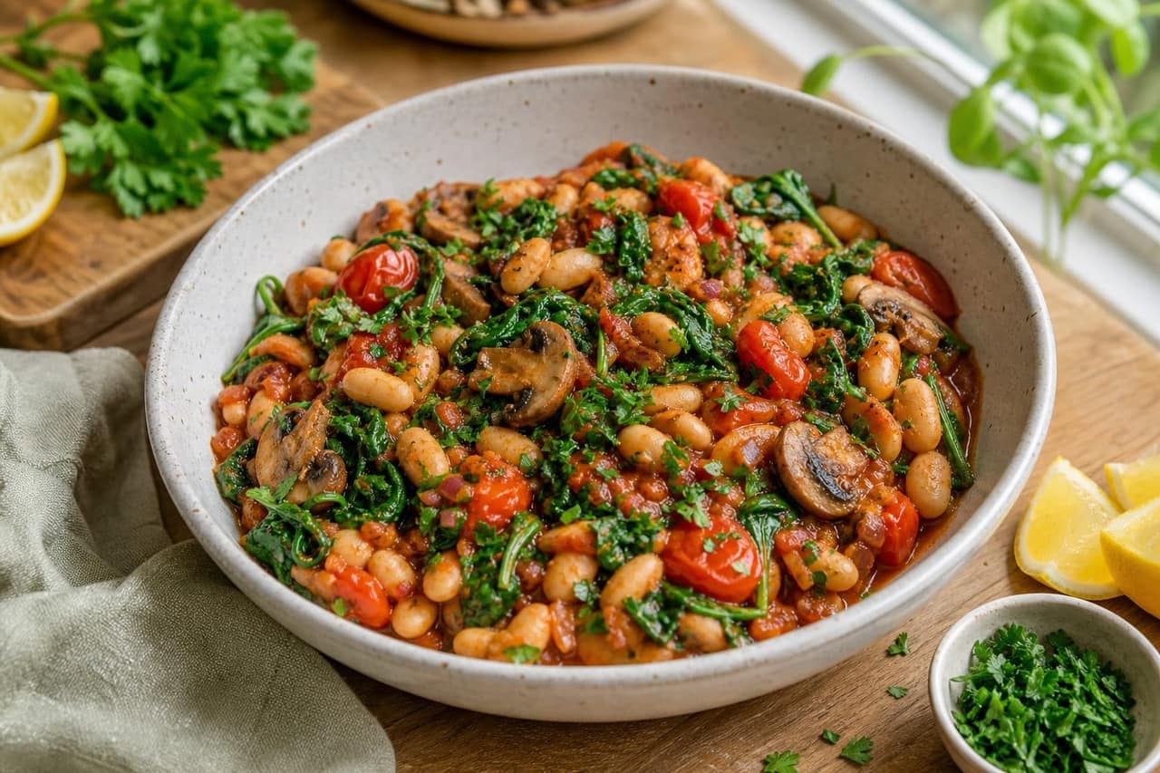 Tomato Mushroom Breakfast Beans cooking step 5: Wilt the spinach and serve.