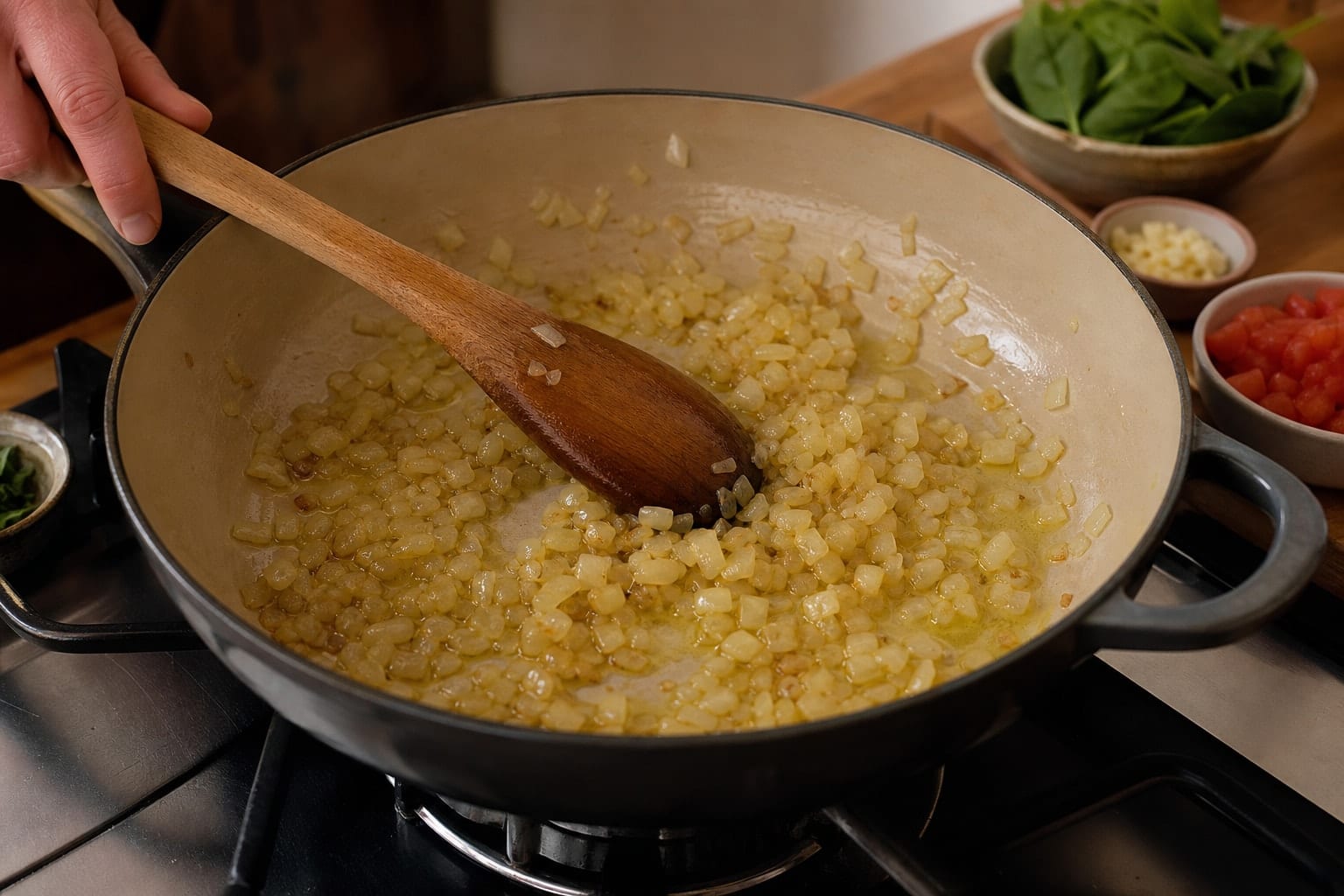 Tomato Spinach Gnocchi Bake with Mozzarella and Basil cooking step 2: Soften the onion.