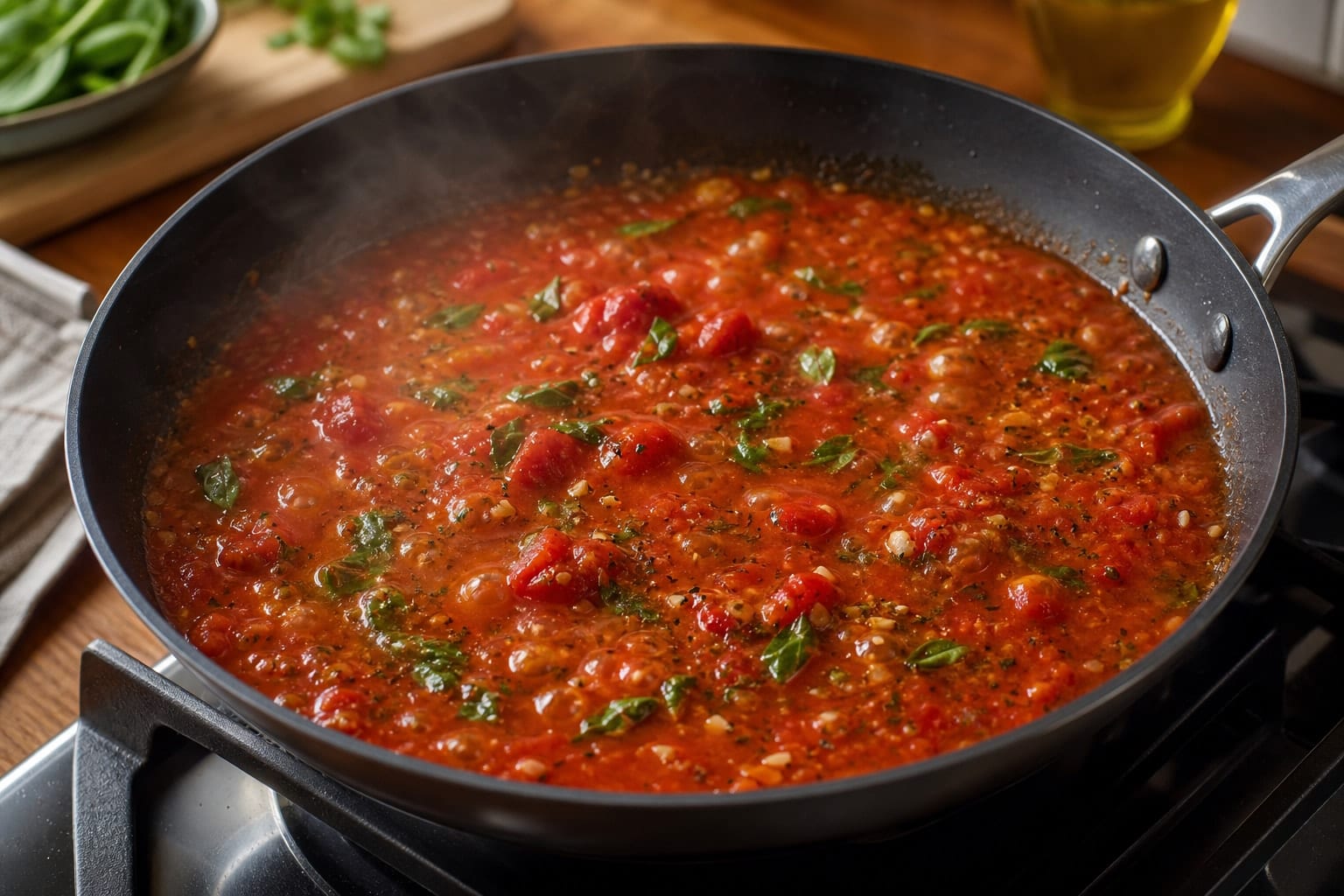 Tomato Spinach Gnocchi Bake with Mozzarella and Basil cooking step 3: Simmer the sauce.
