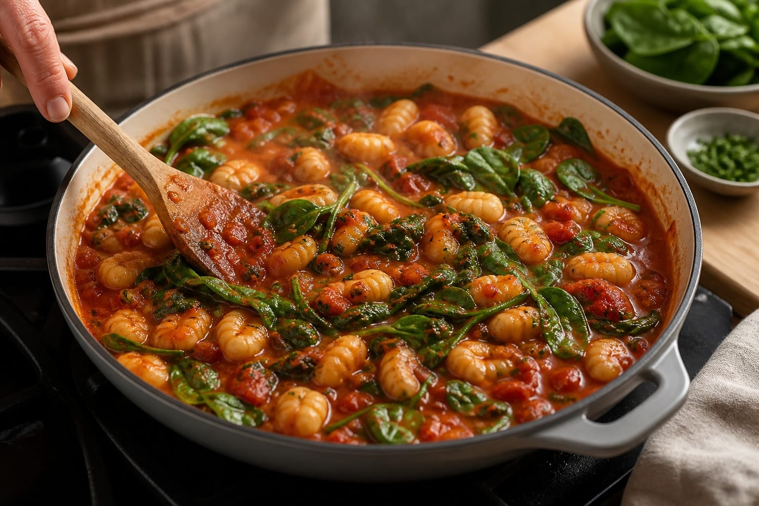 Tomato Spinach Gnocchi Bake with Mozzarella and Basil cooking step 4: Add gnocchi and spinach.