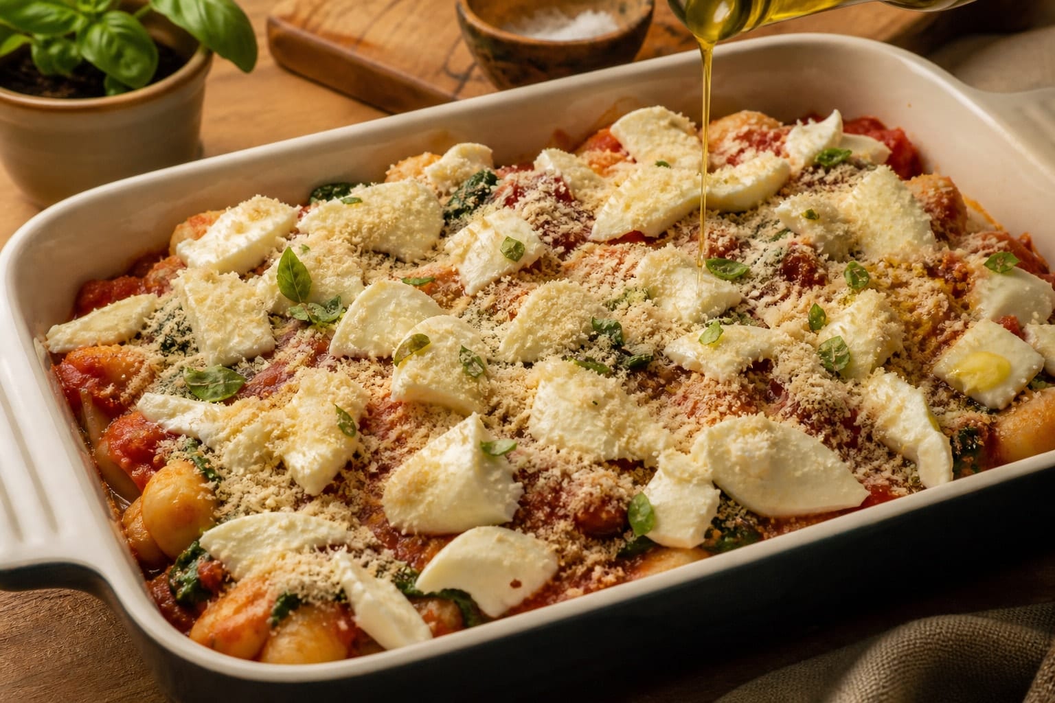 Tomato Spinach Gnocchi Bake with Mozzarella and Basil cooking step 5: Top and bake.