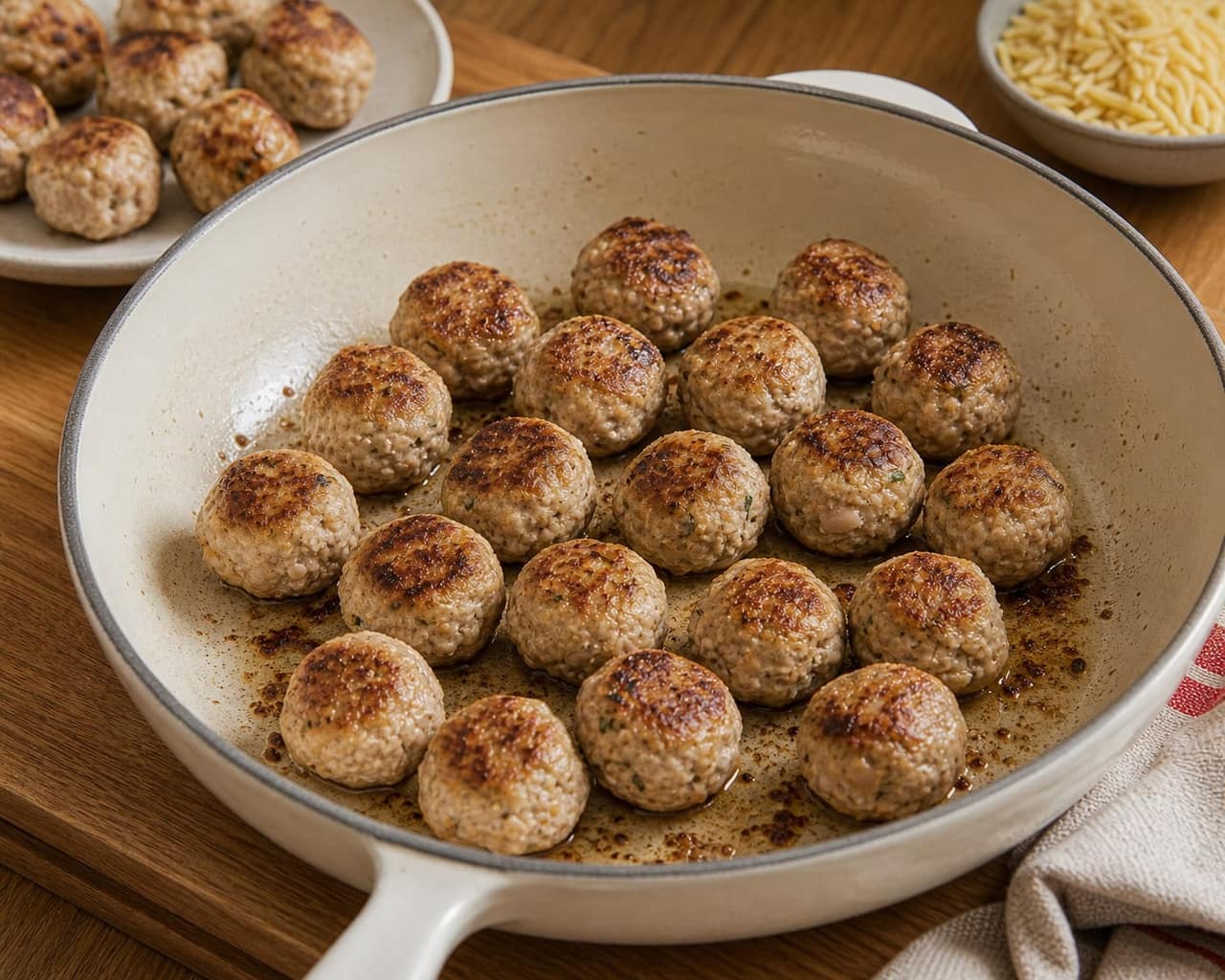Turkey Tomato Orzo Meatballs cooking step 3: Brown the meatballs.