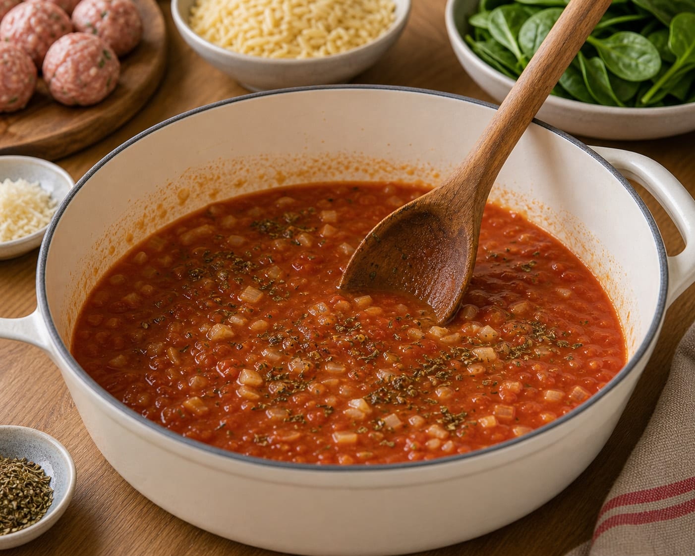 Turkey Tomato Orzo Meatballs cooking step 4: Build the tomato sauce.