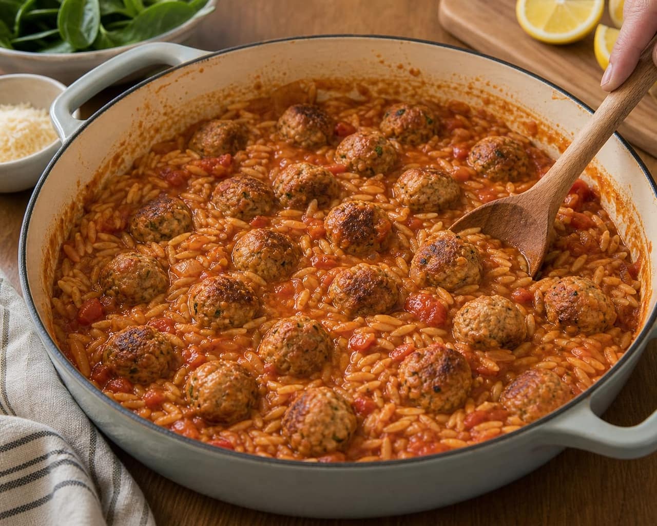 Turkey Tomato Orzo Meatballs cooking step 5: Simmer with orzo.
