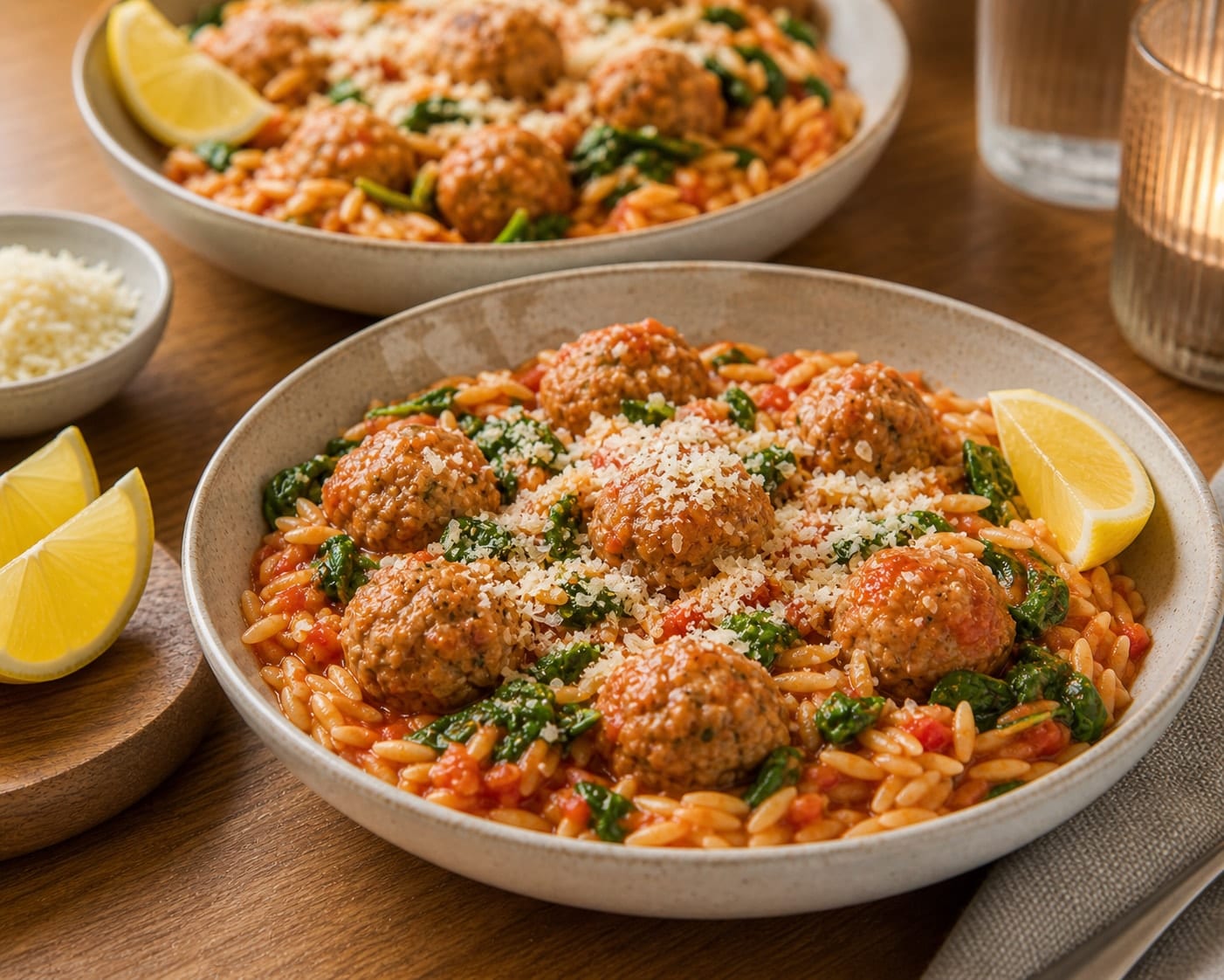 Turkey Tomato Orzo Meatballs cooking step 6: Wilt the spinach and serve.