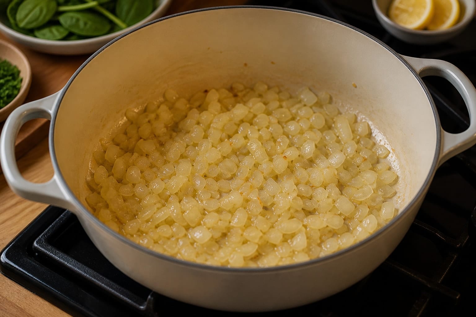 Creamy White Bean Potato Bowls with Spinach and Lemon cooking step 2: Soften the onion.