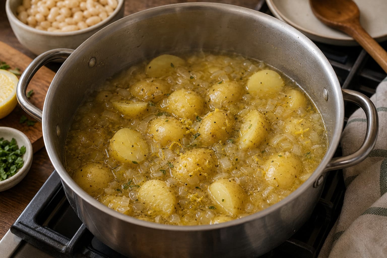 Creamy White Bean Potato Bowls with Spinach and Lemon cooking step 3: Simmer the potatoes.