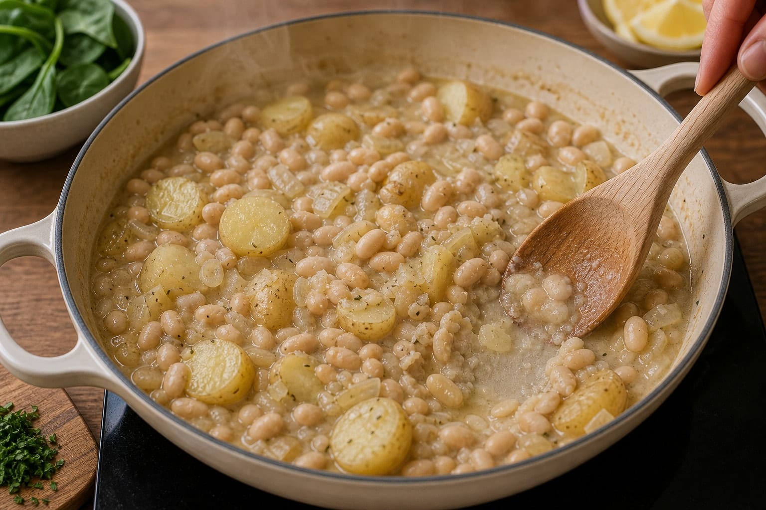 Creamy White Bean Potato Bowls with Spinach and Lemon cooking step 4: Add the beans.