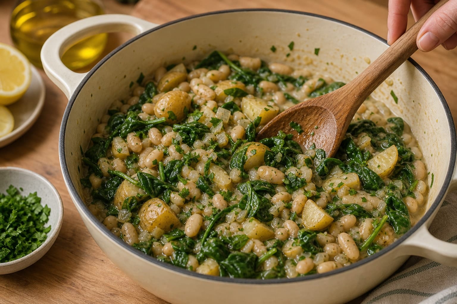 Creamy White Bean Potato Bowls with Spinach and Lemon cooking step 5: Wilt the spinach.