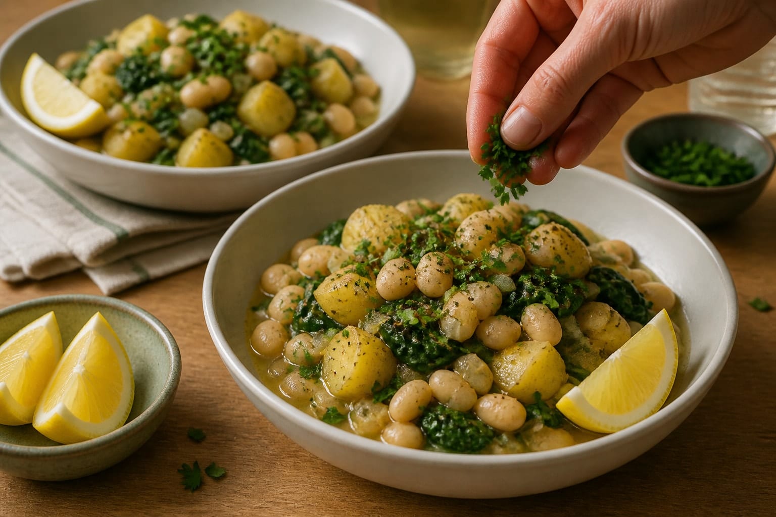 Creamy White Bean Potato Bowls with Spinach and Lemon cooking step 6: Serve with lemon.