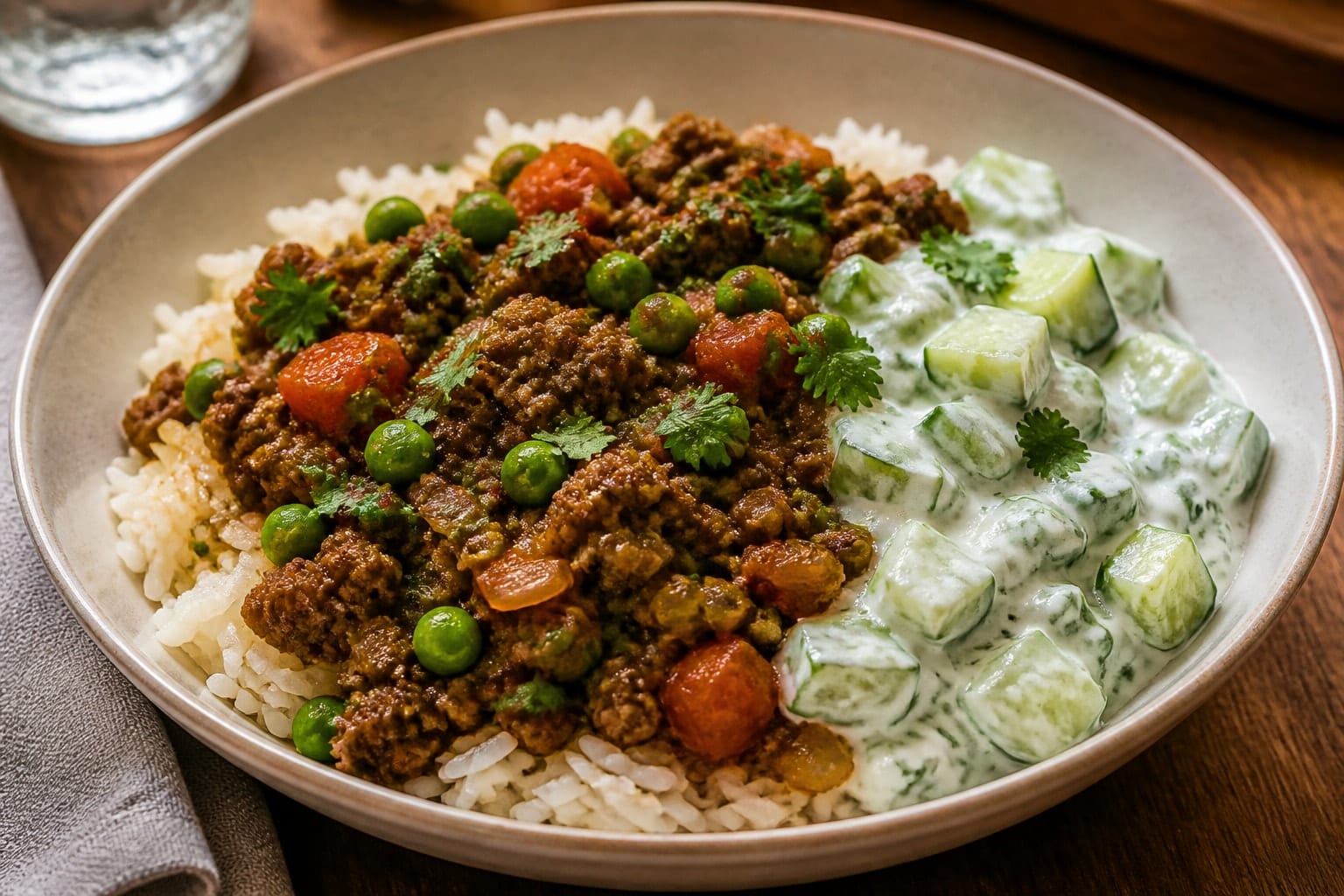 Beef Keema Pea Rice Bowls with Cucumber Yoghurt plated and ready to serve.