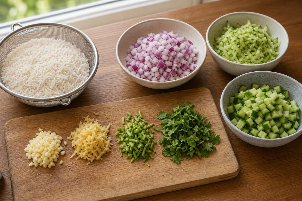 Beef Keema Pea Rice Bowls with Cucumber Yoghurt cooking step 1: Prep the rice bowls.