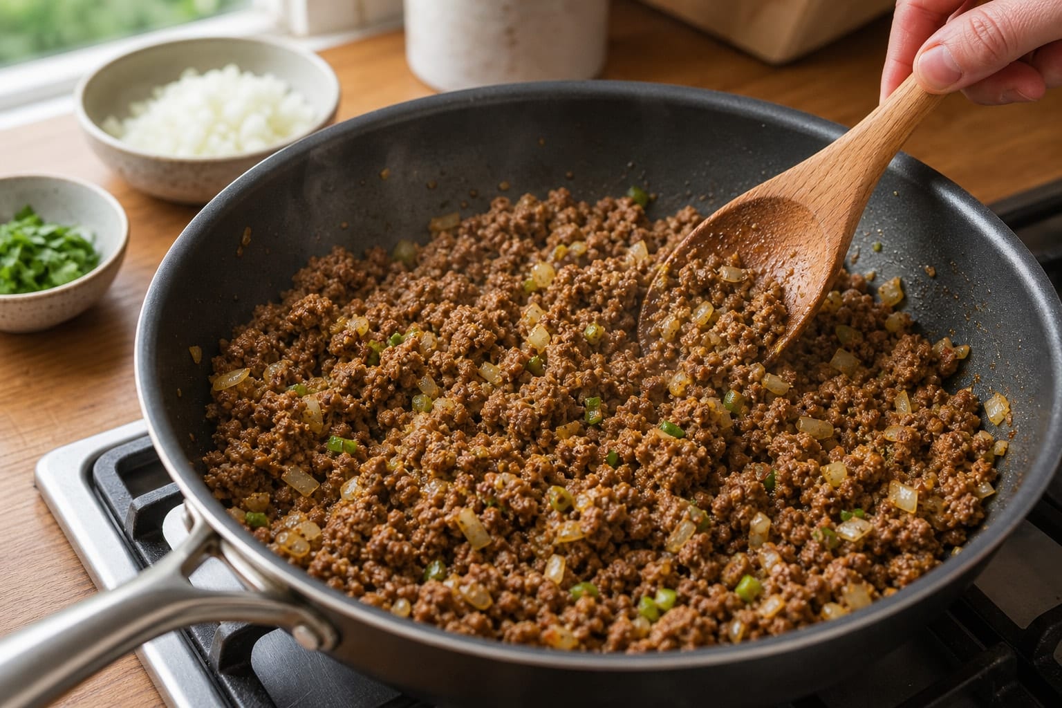 Beef Keema Pea Rice Bowls with Cucumber Yoghurt cooking step 3: Brown the beef.