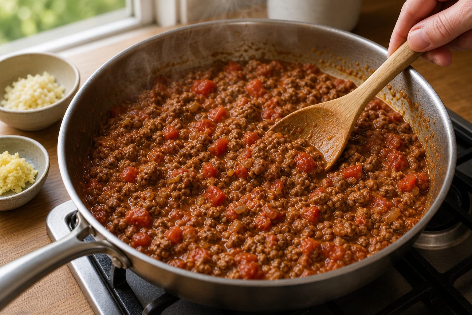 Beef Keema Pea Rice Bowls with Cucumber Yoghurt cooking step 4: Simmer the keema.