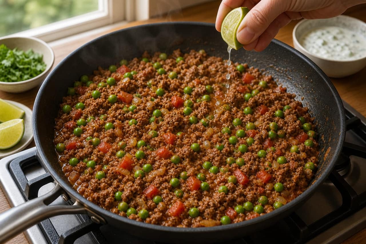 Beef Keema Pea Rice Bowls with Cucumber Yoghurt cooking step 5: Add the peas.