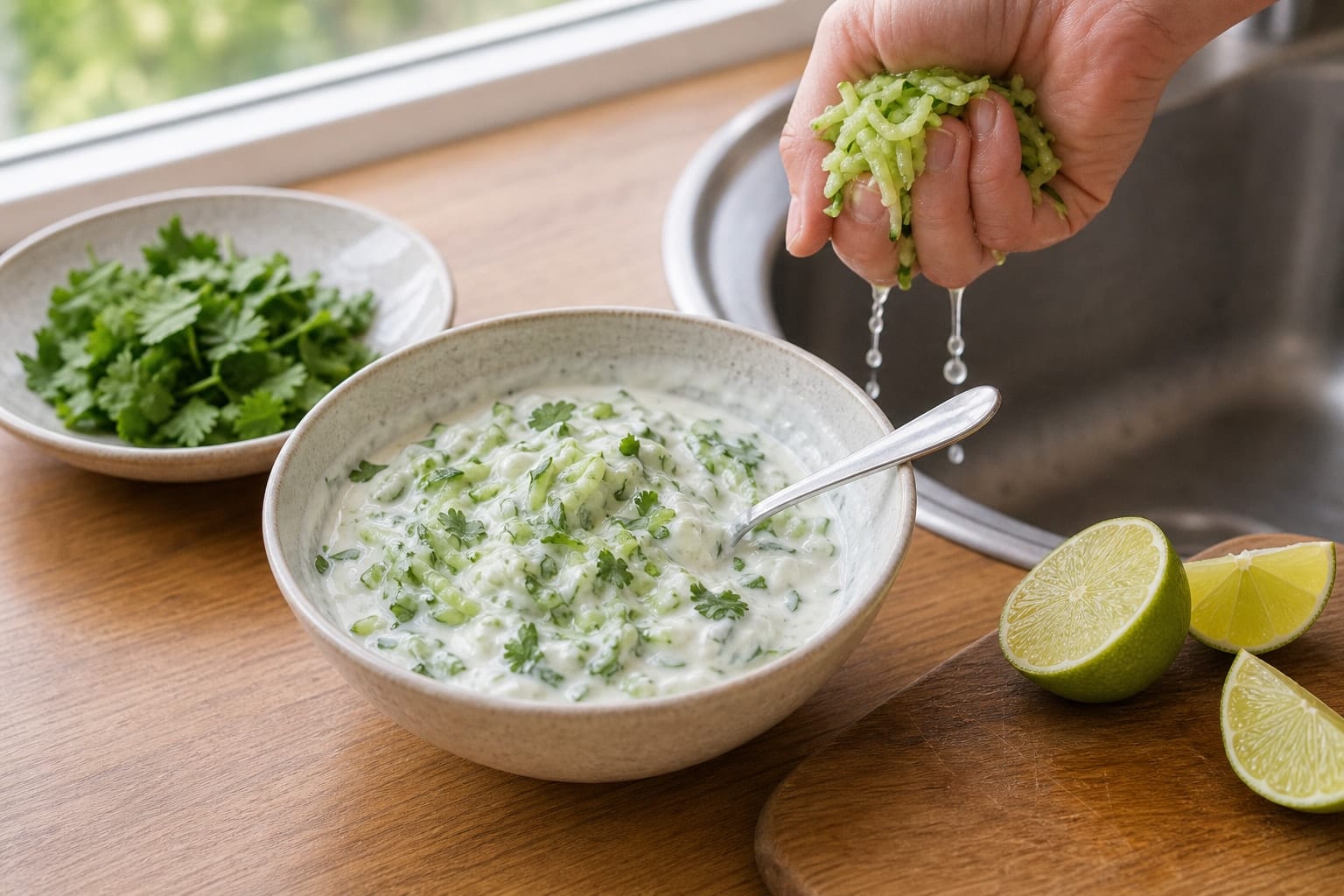 Beef Keema Pea Rice Bowls with Cucumber Yoghurt cooking step 6: Mix the cucumber yoghurt.