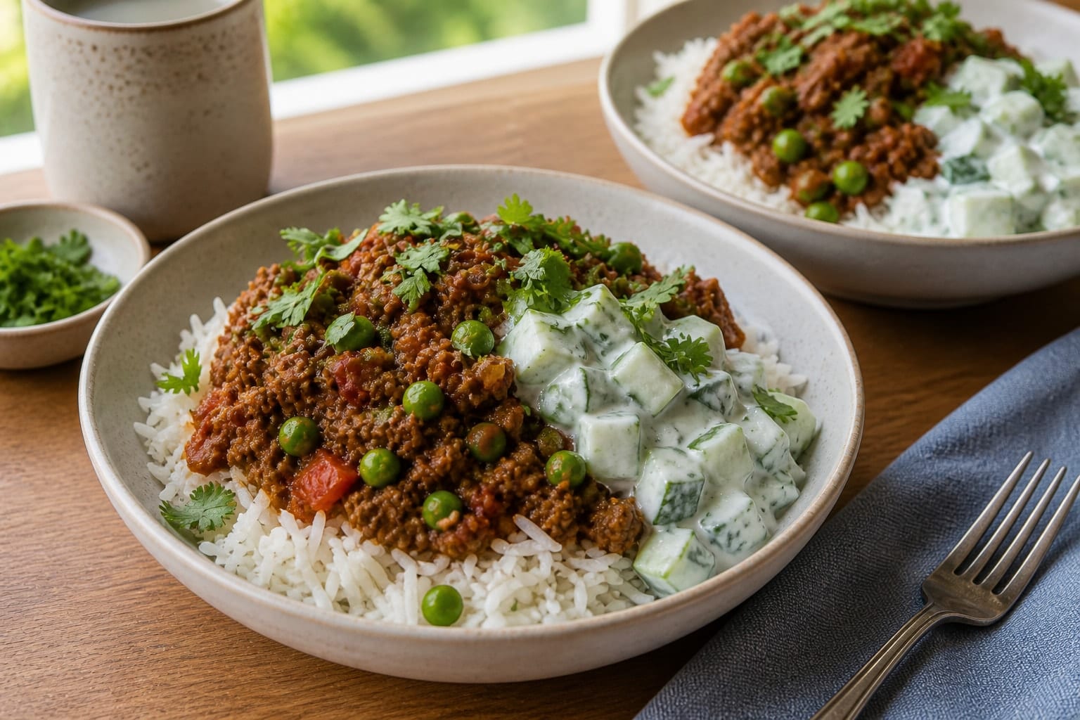 Beef Keema Pea Rice Bowls with Cucumber Yoghurt cooking step 7: Serve the bowls.