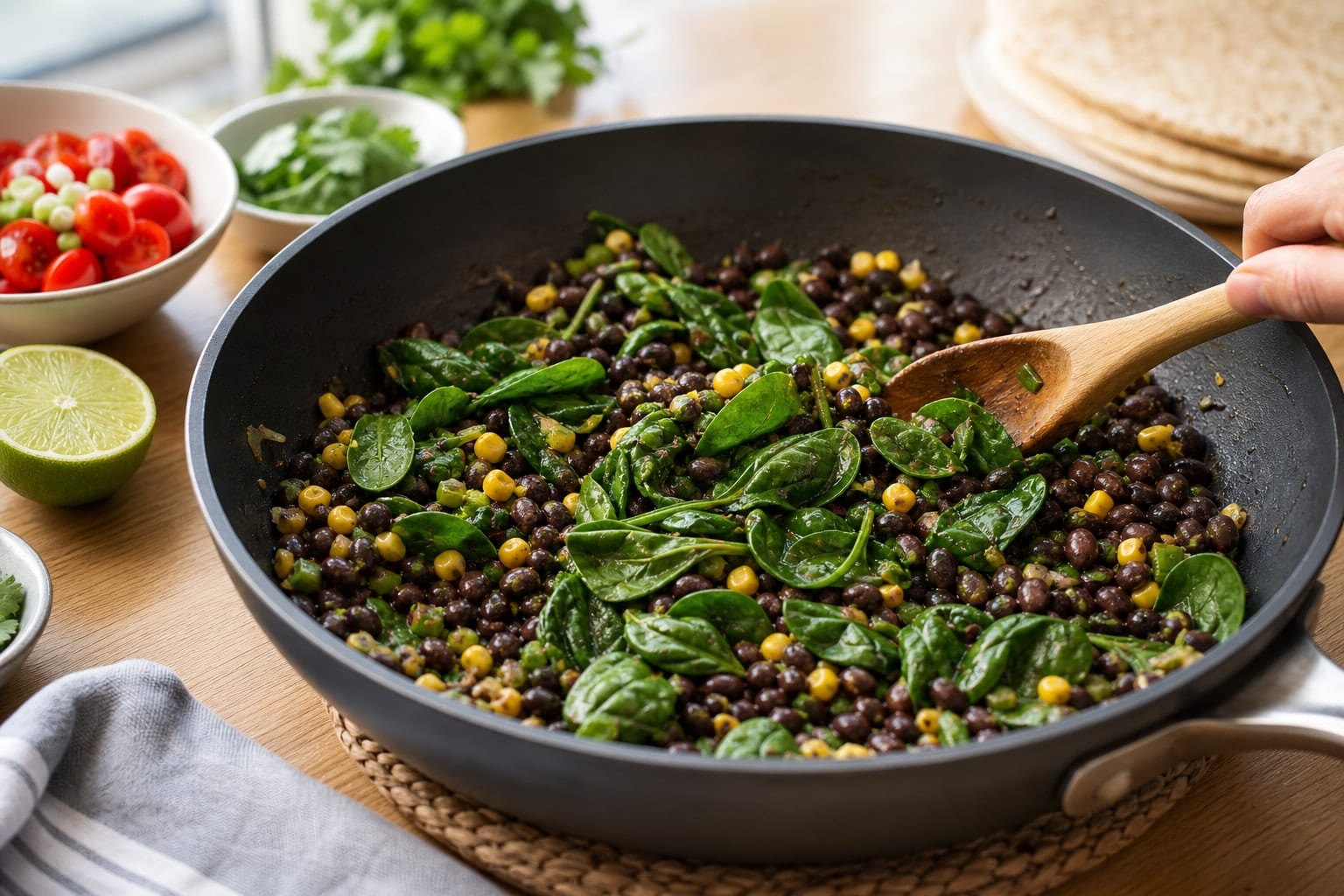 Black Bean Breakfast Wraps with Tomato Salsa cooking guide image for wilt the spinach.