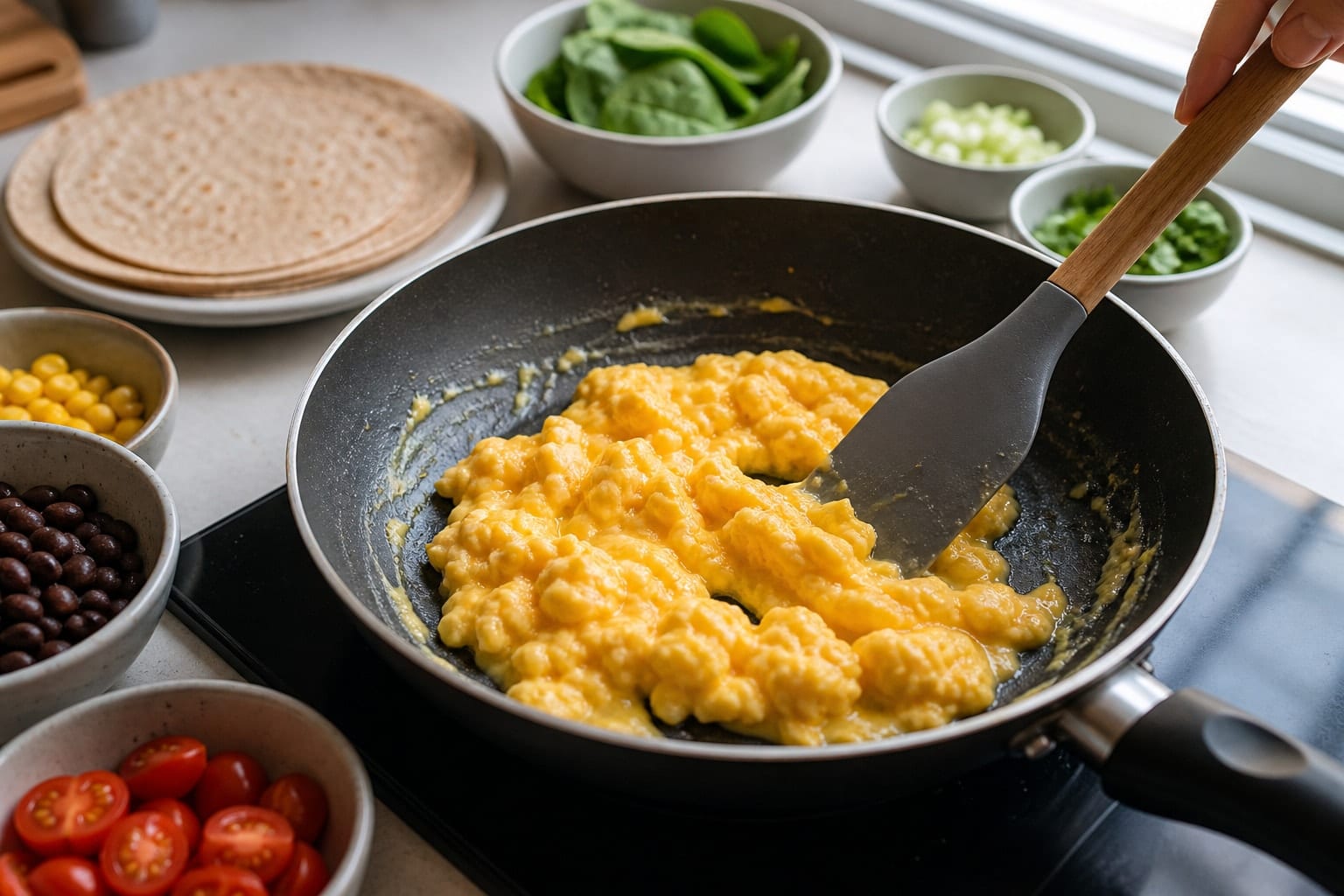 Black Bean Breakfast Wraps with Tomato Salsa cooking guide image for scramble the eggs.