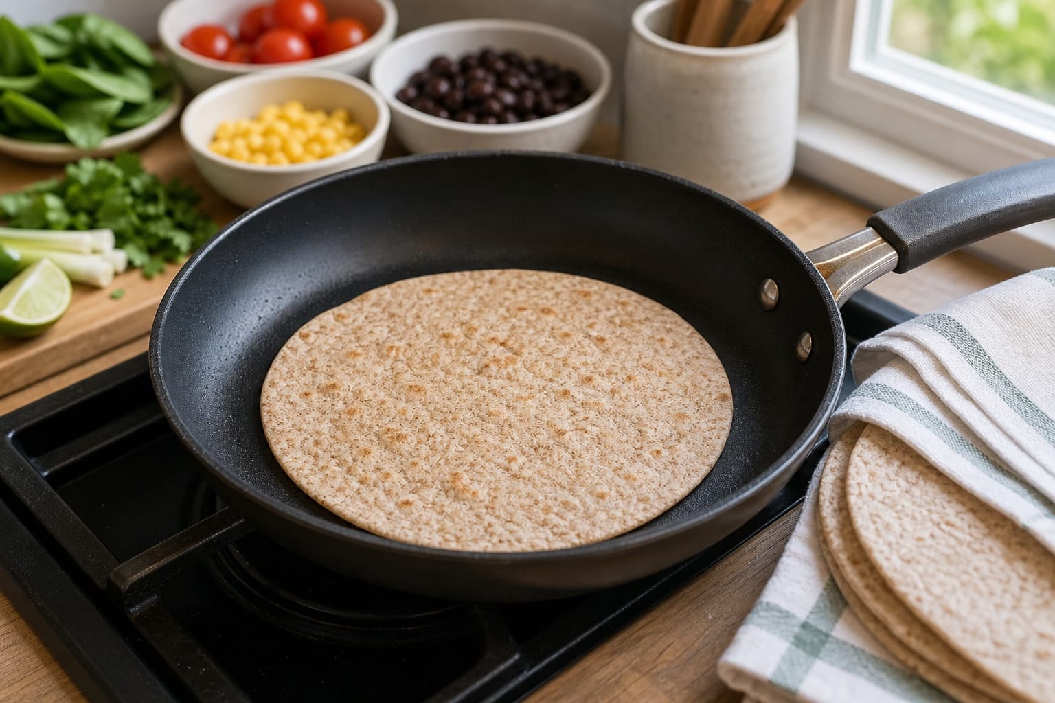 Black Bean Breakfast Wraps with Tomato Salsa cooking guide image for warm the wraps.
