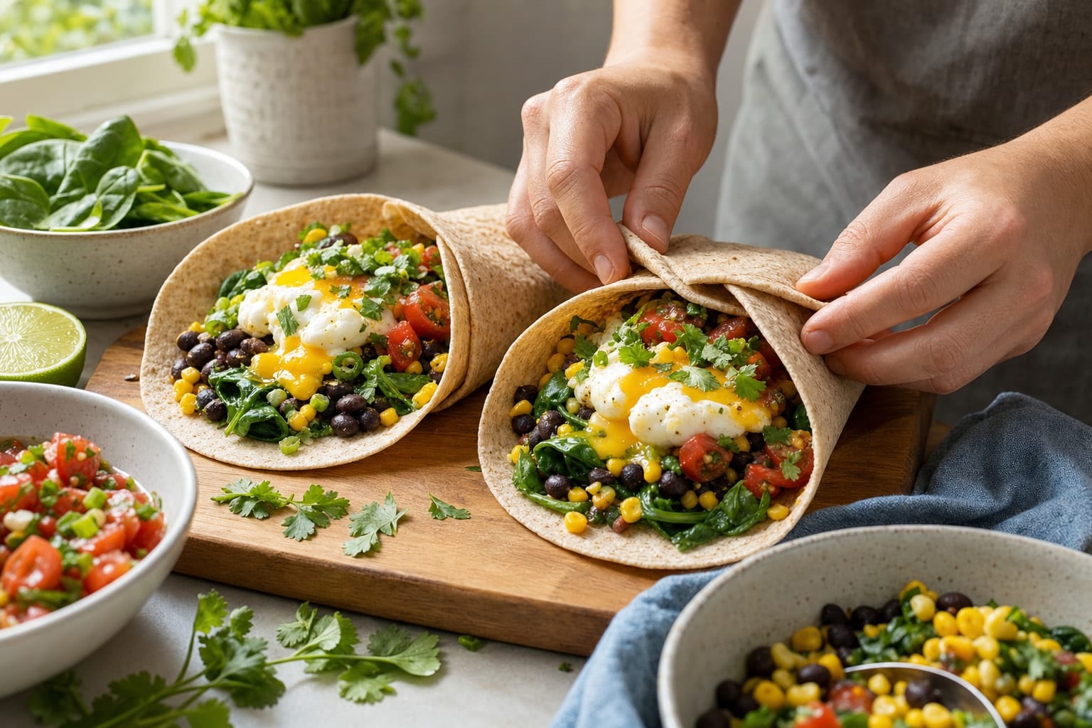 Black Bean Breakfast Wraps with Tomato Salsa cooking guide image for assemble the wraps.