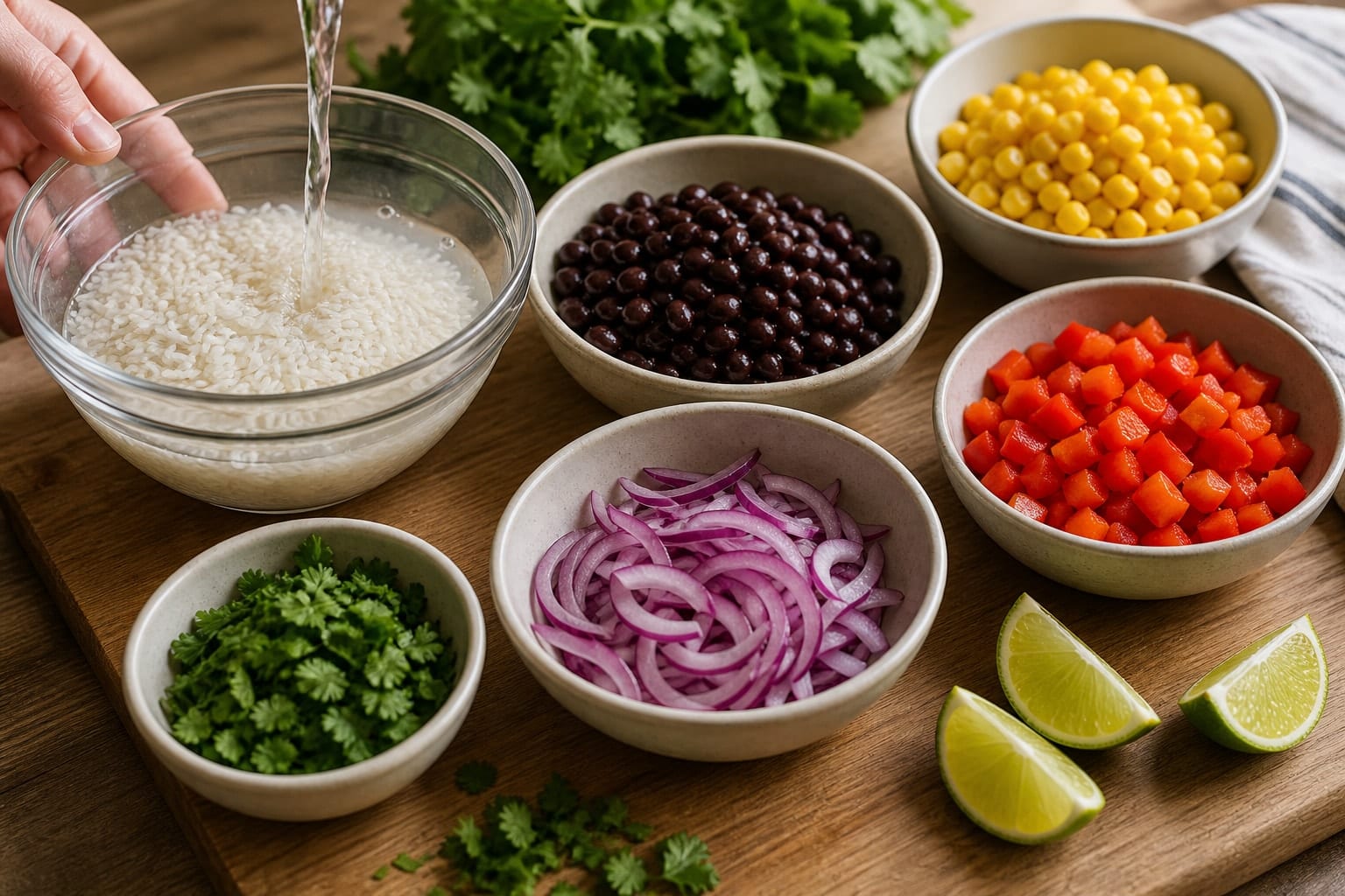 Black Bean Enchilada Rice with Lime and Coriander cooking step 1: Prepare the vegetables.
